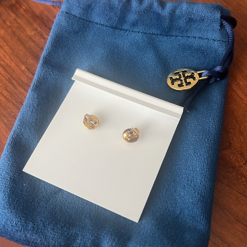 Tory Burch Gold Logo Stud Earrings - Picture 2 of 4